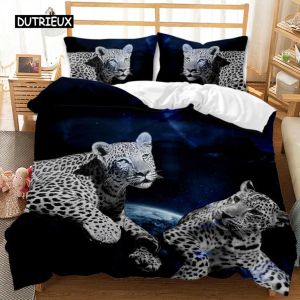 Set luipaard dekbedoverdeksel Set MicroFiber Cheetah Afrikaanse dieren Beddengoedset Outer Space Patroon voor jongens Men Double Queen King Size Sheer Curtains