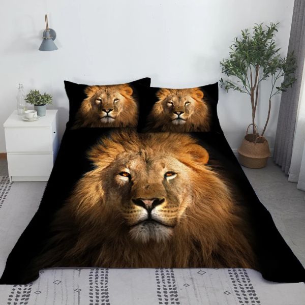 Ensemble de draps de lit Lion imprimé en 3D, drap plat avec taie d'oreiller pour enfants et adultes, King Queen, taille double, vente en gros