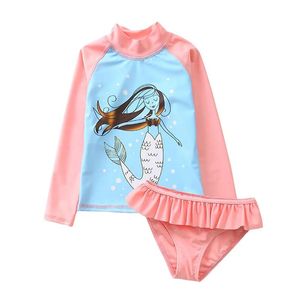 set Little Grils Traje de baño de sirena para niña, traje de baño de manga completa con estampado floral y pájaros, conjunto de tankini con protección solar para niños, traje de baño 16