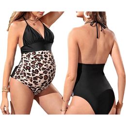 Set Maternité Femmes Maillots de bain léopard 2022 Premama One Piece Halter Blackless Maillots de bain Grossesse Patchwork Beachwear Sexy Tankinis