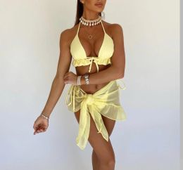 Set Melphieer's Summer Nouw Yellow Lilac Bikini 3 PCS Swimsuit avec Mesh Short Beach Sarong Swimwear Biquini Beachwear