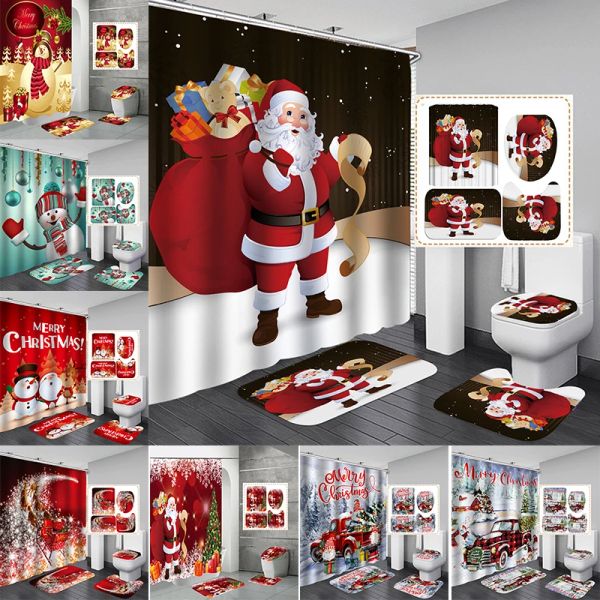 Set joyeux Noël salle de bain 4pcs Set Snowman Snowman Santa Claus Match Sterroproping Shower Curtain Toilet Couvre-toile de toile de toilette Décor