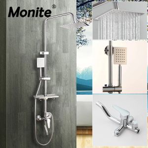 Set Monite 8 inch regenval Chrome Poolse douchekraan Wall gemonteerd badkamer doucheset aanpassen Hoogte handheld 3 manieren mixer kraan