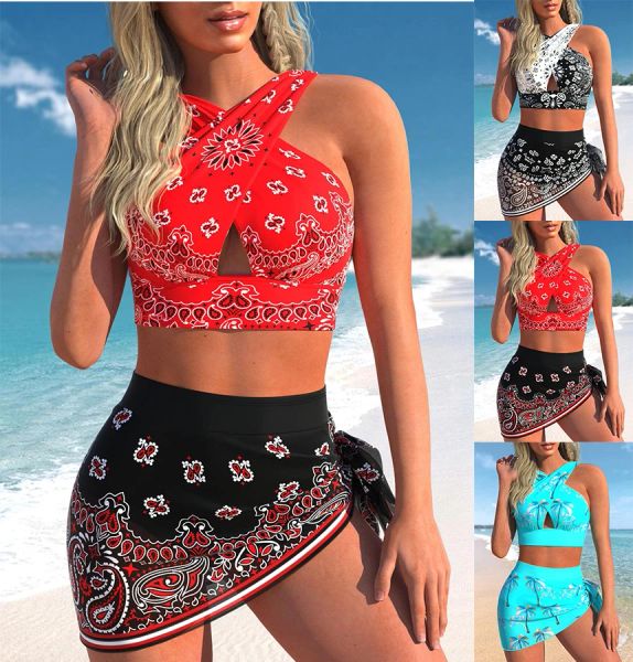 Réglez la nouvelle plage de la nouvelle plage de bikini féminine croix suspendue coude de maillot de bain en deux pièces rouges de style de plage de style Bohemian S6xl