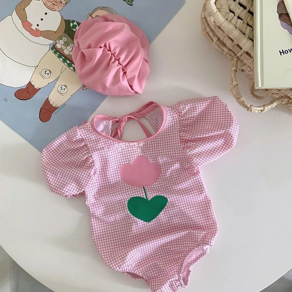 Conjunto de traje de baño a cuadros con flores para niña recién nacida, bonito traje de baño con mangas abullonadas y lazo, trajes de baño para niños pequeños, nuevo traje de baño para niñas, Bikini