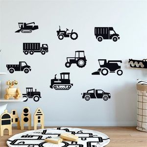 Conjunto de 10 vehículos de construcción Etiqueta de la pared para niños Habitación Pared Calcomanías creativas Vinilo removible Pegatinas de arte Decoración de guardería N181 210615