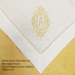 Set van 12 Fshion dinerservetten met monogram wit linnen Hemstitched tafelservetten 20x20-inch theeservetten237f