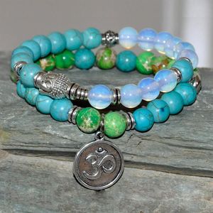 Set van 2 Boeddha Armband Turquoise Opalite tibetaanse armband bescherming armband positieve energie mala armband mala kralen OM yoga 317L