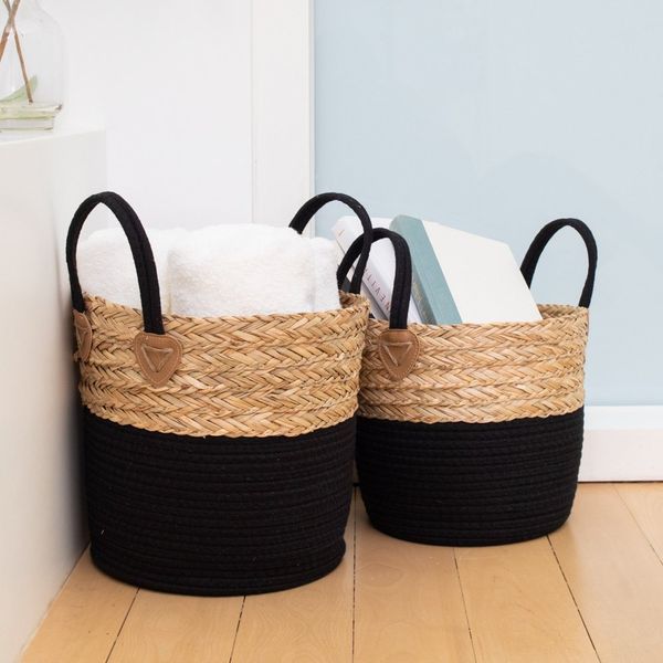 Lot de 2 paniers de rangement ronds, corde de coton tressée en jonc de mer LG MD, noir naturel