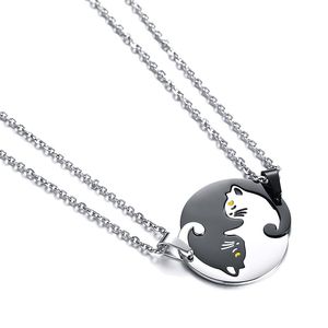 Juego de 2 collares con colgante de pareja de gatos BlackYin Yang de plata en acero inoxidable, regalo para el mejor amigo, colgante para parejas entrelazadas como rompecabezas