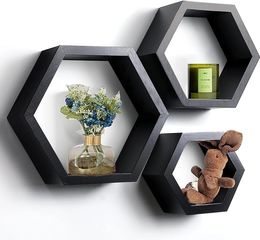 Juego de 3 estantes hexagonales para decoración de la pared, estantes flotantes montados en la pared, estante de pared de pino de granja para decoración de la sala de estar, decoración de la habitación, decoración de la cocina o baño