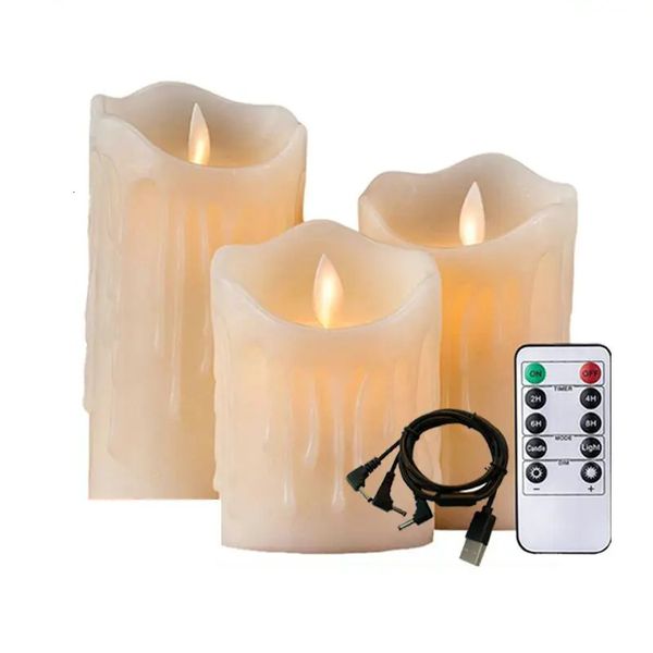 Ensemble de 3 USB rechargeables scintillants à paraffine couchée Pilier de bougie de bougie télécommande avec temporisation Dancing Wick Home Decoration 240417