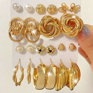 Set van 6-delige overdreven geometrische parels met diamanten oorbellen voor vrouwen