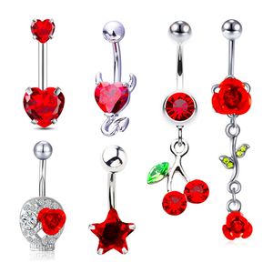 Lot de 6 anneaux de nombril rouge en acier inoxydable 316L pendants en forme de rose pour femmes et filles