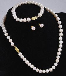 Set van 8-9mm South Sea Round White Pearl Necklace Earring Armband 14k