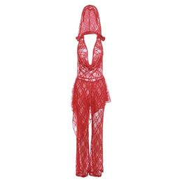 Set 2-teiliger roter Spitzen-Hoodie für Damen, rückenfrei, Damenkleid mit hoher Taille, Hose, sexy Nachtclub-Kleidung für Damen 240127