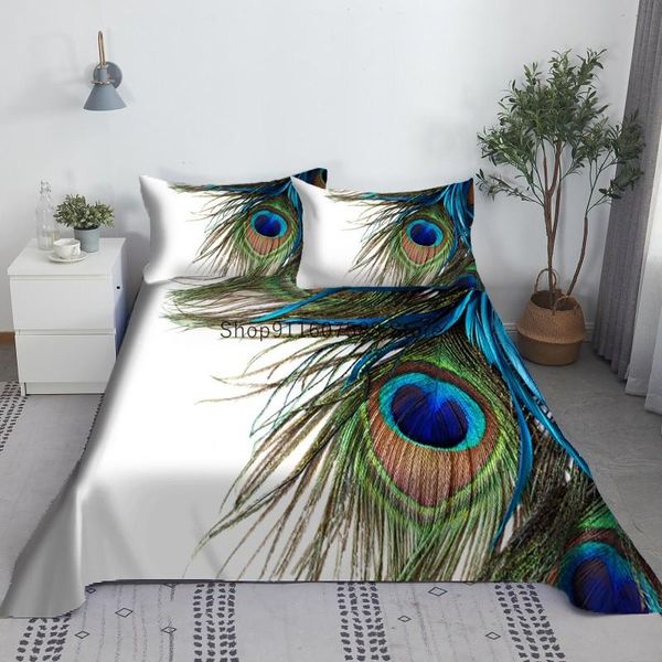 Ensemble de draps de lit en Polyester imprimé 3D, plumes de paon, drap plat avec taie d'oreiller, linge de lit de luxe pour enfants et adultes