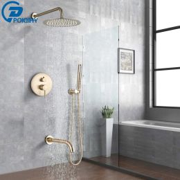 Réglage du robinet de douche en or brosse Poiqihy incorporés dans la douche mélangeur mur mural salle de bain pluviers de douche de douche
