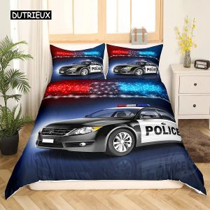 Set Policeman Car Couvrette de couverture Cartoon Police de la Police Libert Set Garçons Red Blue Cop Lights Polyester Queen King Quilt Cover Room Decor Curtains transparents