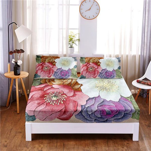 Ensemble de 3 draps-housses en polyester imprimés numériques, jolies fleurs, housse de matelas aux quatre coins avec bande élastique, drap de lit et taies d'oreiller