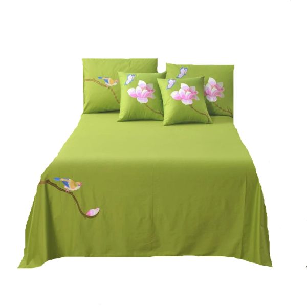 Ensemble drap de lit double brodé en sergé de coton pur, ensemble de linge de lit, couvre-lit de Style chinois sur le couvre-lit, vert, 3 pièces