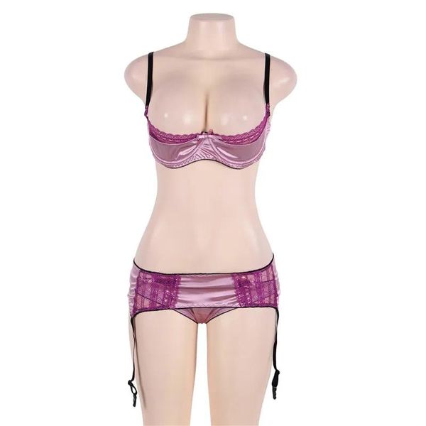 Conjunto de encaje púrpura Halter Baby Doll Lencería sexy Conjunto de mujer Sujetador abierto Costura Liga Arco Lencería Sexy Hot Erótico Tallas grandes Disfraz S927