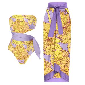 Set Purple Print Tube Top One Piece Bikini Sexy Cutout Lacet Up Swimsuit Fashion Pish Pather Elegant Ruffled Swimwear 2022 Pushups