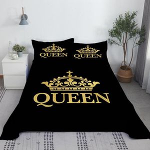 Ensemble de draps noirs avec couronne de reine, drap plat imprimé en 3D avec taie d'oreiller, 2/3 pièces, linge de lit pour adultes et enfants, King, Queen Size