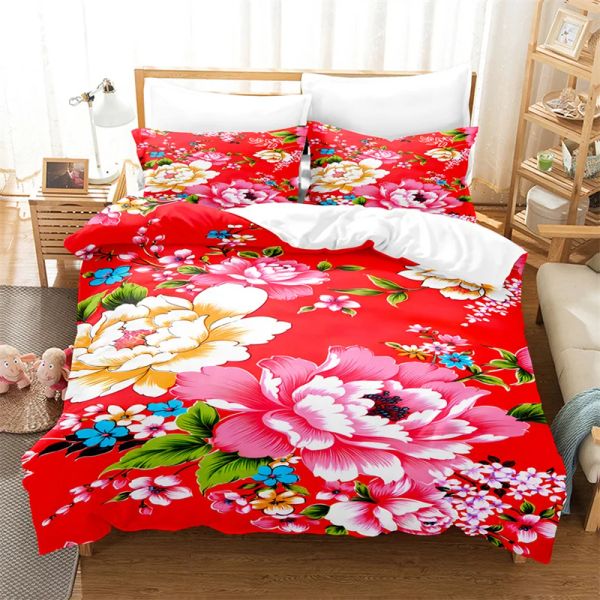 Set Red Big Big Flower Set Cover Cover Set amantes de la cama de ropa de cama