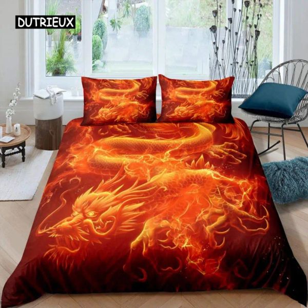 Set Red Flame Dragon Coup de couette Set Set Chinois Dragon Culture Culture de contes de contes de contes Microfibre pour enfants Femmes hommes Chambre Decor Curtains transparents