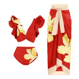 Réglage de Vneck à imprimé rouge réunie de maillot de bain à volants fendu taille haute couture sexy bikini mince de mode creux de la mode à la plage