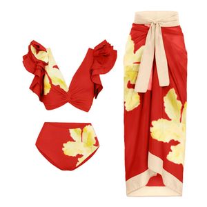 Conjunto estampado rojo con cuello en V, traje de baño con volantes, corte de cintura alta dividido, Bikini Sexy ajustado, moda hueca, falda para la playa con cordones para mujer