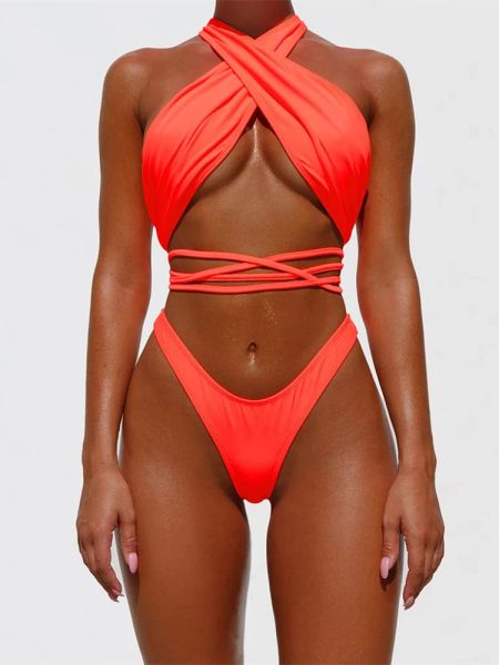 Set Sexy Bandage Bikini 2023 Femmes Neon Gradient Push Up Swimswear Criss Cross Bikinis Set Bathing Trssolding Place Wear Wear Swimming