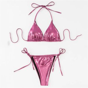 Set Sexy Glossy String Halter Swimwear Women Micro Thong Bikinis Set Swimsuit Bathing Fult Mini Biquinis Triangle Bikini 2024 Mujer