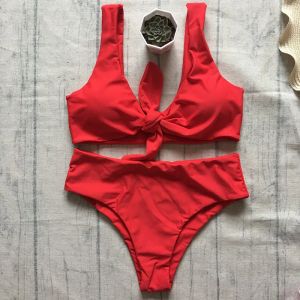 Conjunto de Bikini Sexy de cintura alta para mujer, traje de baño rojo liso con Espalda descubierta, Bikini acolchado con realce, traje de baño brasileño con lazo frontal