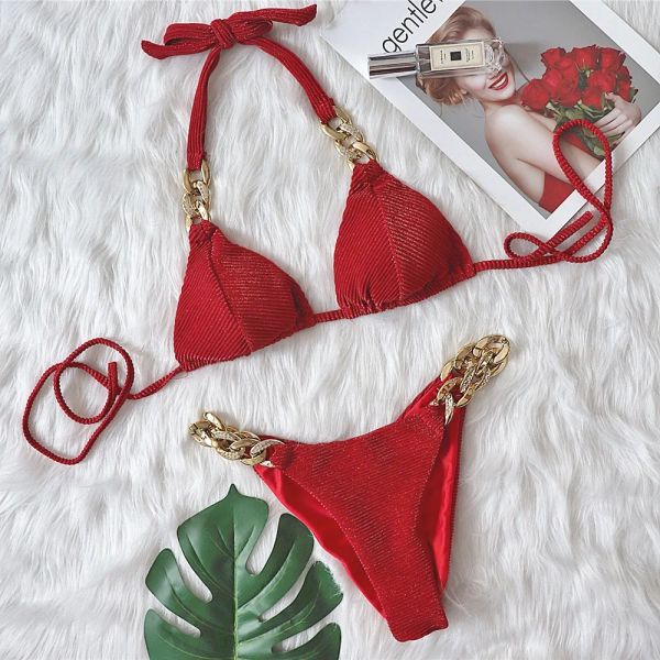 Conjunto de Bikini con diamantes de imitación para mujer, traje de baño Sexy con cuello Halter, color rojo sólido, con almohadilla de realce, cadena de Metal, bañadores brasileños, Tanga