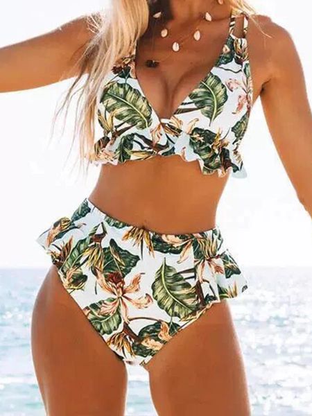 Set Sexy Ruffle Triangle Bikini Set Leaf Print Swnewear Female Femme de maillot de bain High Wodsuit Femme Bouptir rembourré Lace Up Up Back Beachwear