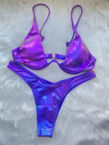 Conjunto de Bikini triangular Sexy, traje de baño holográfico azul con realce extremo, Tanga, traje de baño brasileño vendaje, Micro Bikini 2022