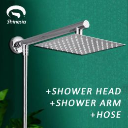 Set Shinesia Chrome UltraHin Square 8 "10" 12 "Comme de douche + bras de douche + 150 cm de tuyau de douche en acier sans srain monté pour salle de bain