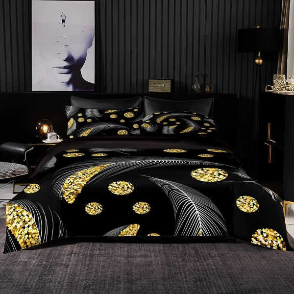 Ensemble de literie de motifs de plumes brillantes Cover Duvet 240x220 avec taie d'oreiller, couverture de courtepointe 220x260, superfice en fibre de lit en fibre reine des rideaux transparents