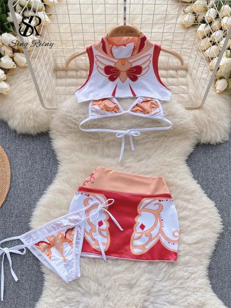 Set singreiny cosplay costumes sexy costumes 2023 sans manches mini-haut + jupe mince courte + gaine imprimé bikini doux érotique trois pièces