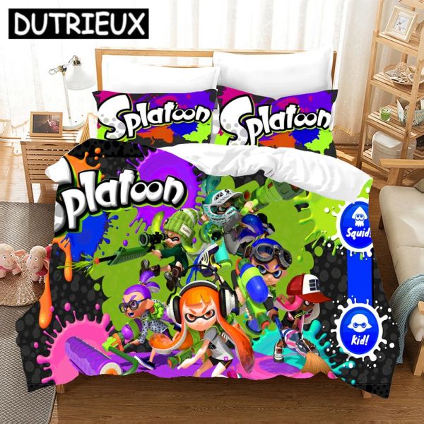 Set Splatoon Litder Set Single Twin Full Full Queen King Size Kawaii Boys / Girls Bed Set Aldult Kid Bedroom Duvetcover Set 3D Print 011 Rideaux transparents