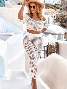 Set Summer Bandage Robe en tricot Sweetwear Sexy Off Boîte Crop Top Crochet Bikini Bottom Long Jirts Beach Cover Up Swimsuit