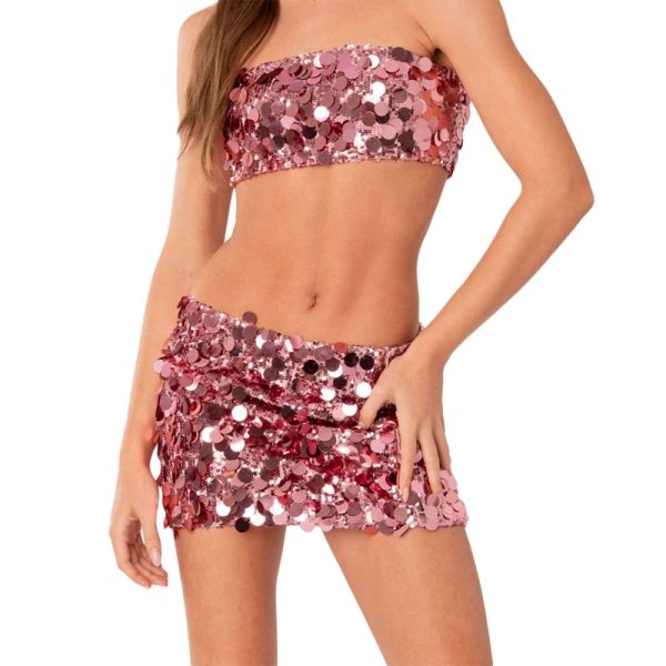 Conjunto de moda de verano, conjunto de lentejuelas sexy para mujer, vestido corto sin tirantes sin mangas, vestido corto de dos piezas, Bikini para vacaciones en la playa, traje de baño para chica caliente