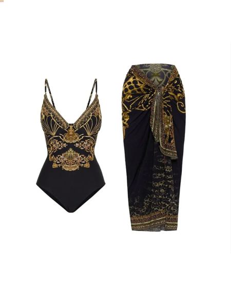 Set Vintage Black avec Golden Print Bikini Ensembles de maillot de bain Jupe de maillot de bain Sexy Sex Slim One Piece Deepv Swimwear 2022 Place Bathing Issue