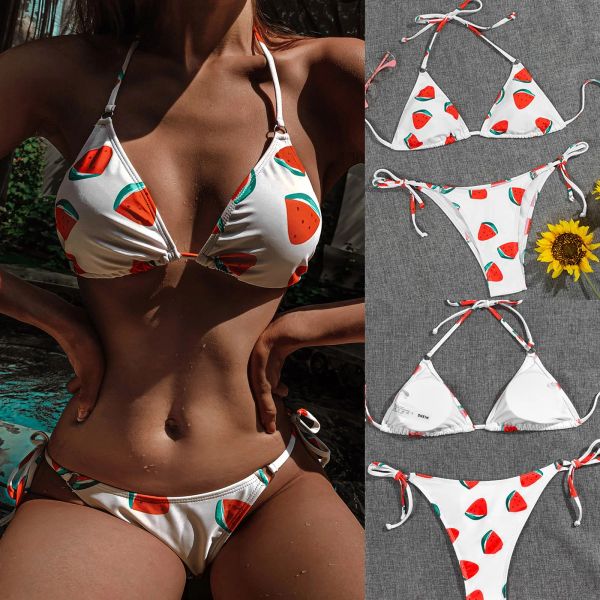 Conjunto de Bikini con estampado de sandías para mujer, traje de baño Kawaii de cintura alta, ropa de baño bonita para mujer, trajes de baño sexis de 2 piezas, ropa de playa con Tanga 2022