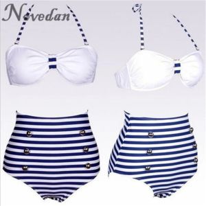 Set Women's Vintage rétro Halter Navy Blue Stripe Sailor Bikini Set Swimsuit Maillot de bain Chacking Bathing Bathing Place Wear Weist Bikinis