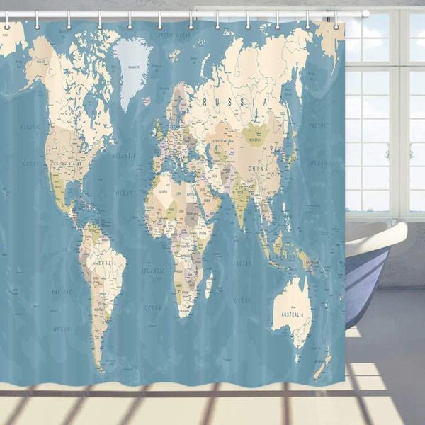 Set World Map Douche Curtain Géographie Global Country Cities Cities Ocean Mountains Bathroom Polyester Bath rideaux avec crochets