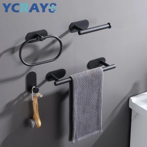 Set ycrays geen boren zwarte badkamer accessoires sets toiletweefselrol papier houder handdoekrek balk rail ras robe haak hardware