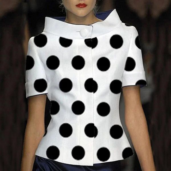 Conjunto Yeezzi 2022 nueva moda elegante blanco Polkadot Stand Collar mangas cortas cuello alto blusa Casual Top para mujeres
